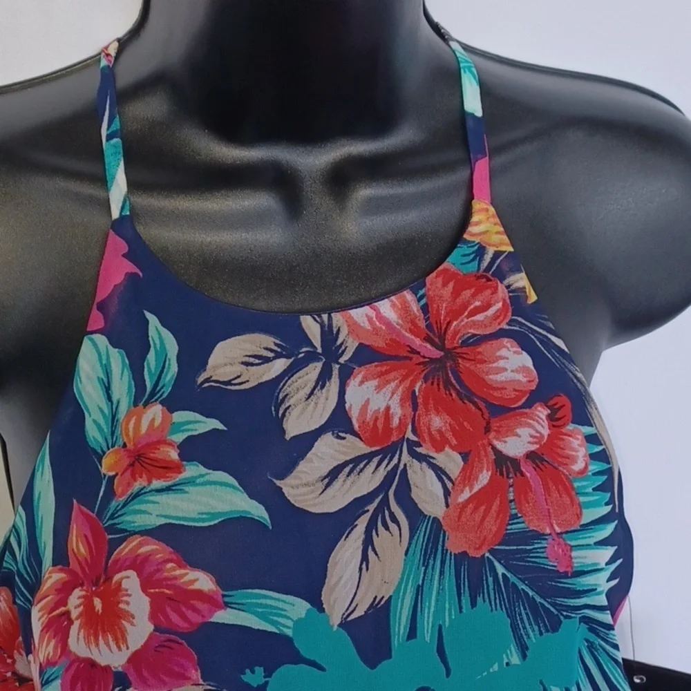 By & By dress size large navy floral halter style spaghetti strap lining jr sz M